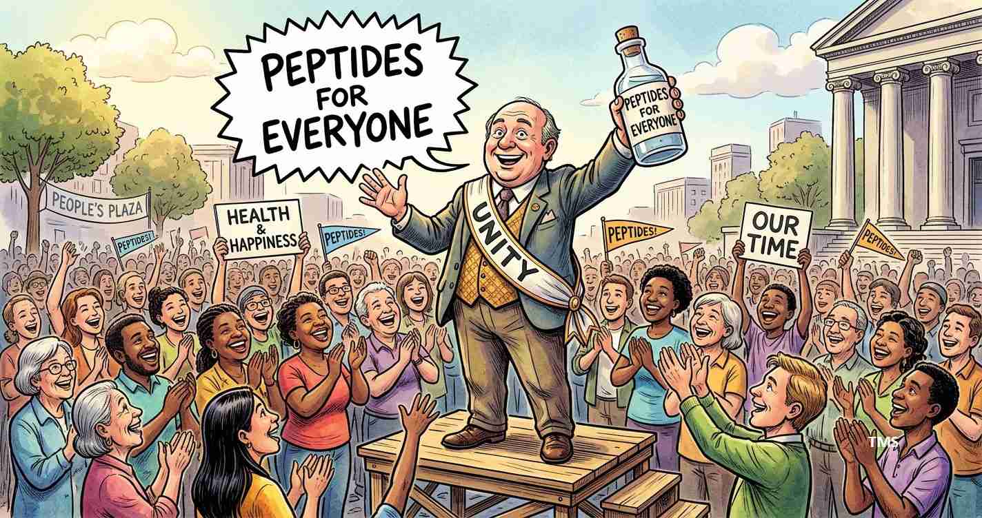 Cartoon man on a platform holds a bottle labeled 'Peptides for Everyone' as a cheering diverse crowd waves signs like 'Health & Happiness'.