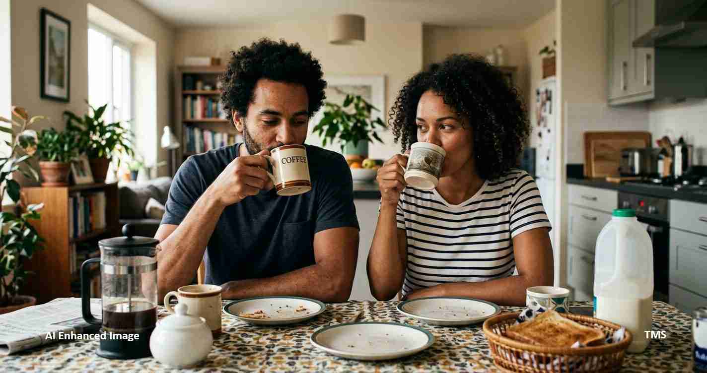Two people sit at a sunlit kitchen table, sipping coffee from mugs while chatting.