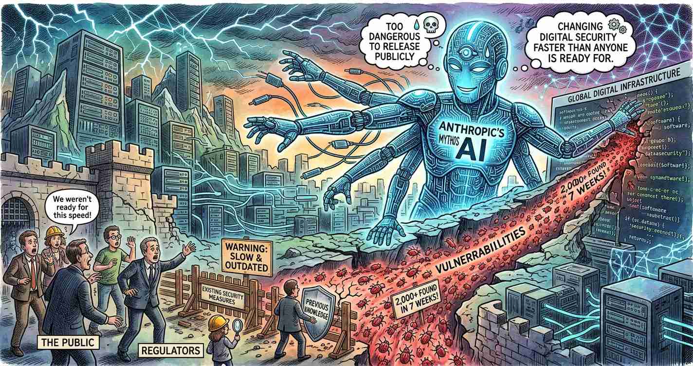 Cartoon of a blue humanoid AI titan labeled 'Anthropic's AI' looming over a trench of red 'Vulnerabilities' as glowing code streams flow toward a city; the public, regulators, and a worker watch in alarm with speech bubbles: 'We weren't ready for this speed!' and 'Too dangerous to release publicly' while a sign reads 'Warning: slow & outdated' and 'Global digital infrastructure' in the background.