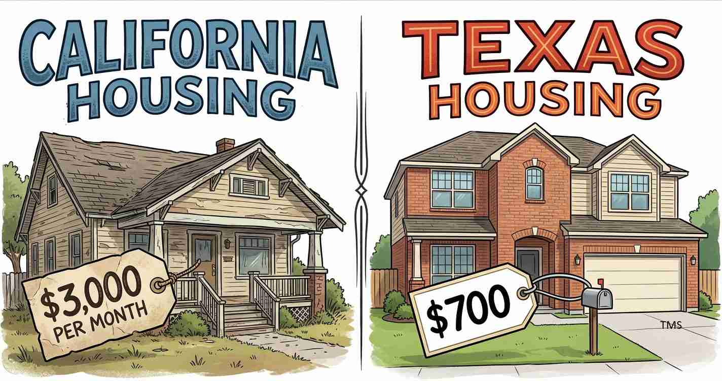 Cartoon split: California housing on the left with a $3,000 per month tag, and Texas housing on the right with a $700 tag, showing a price comparison between states.