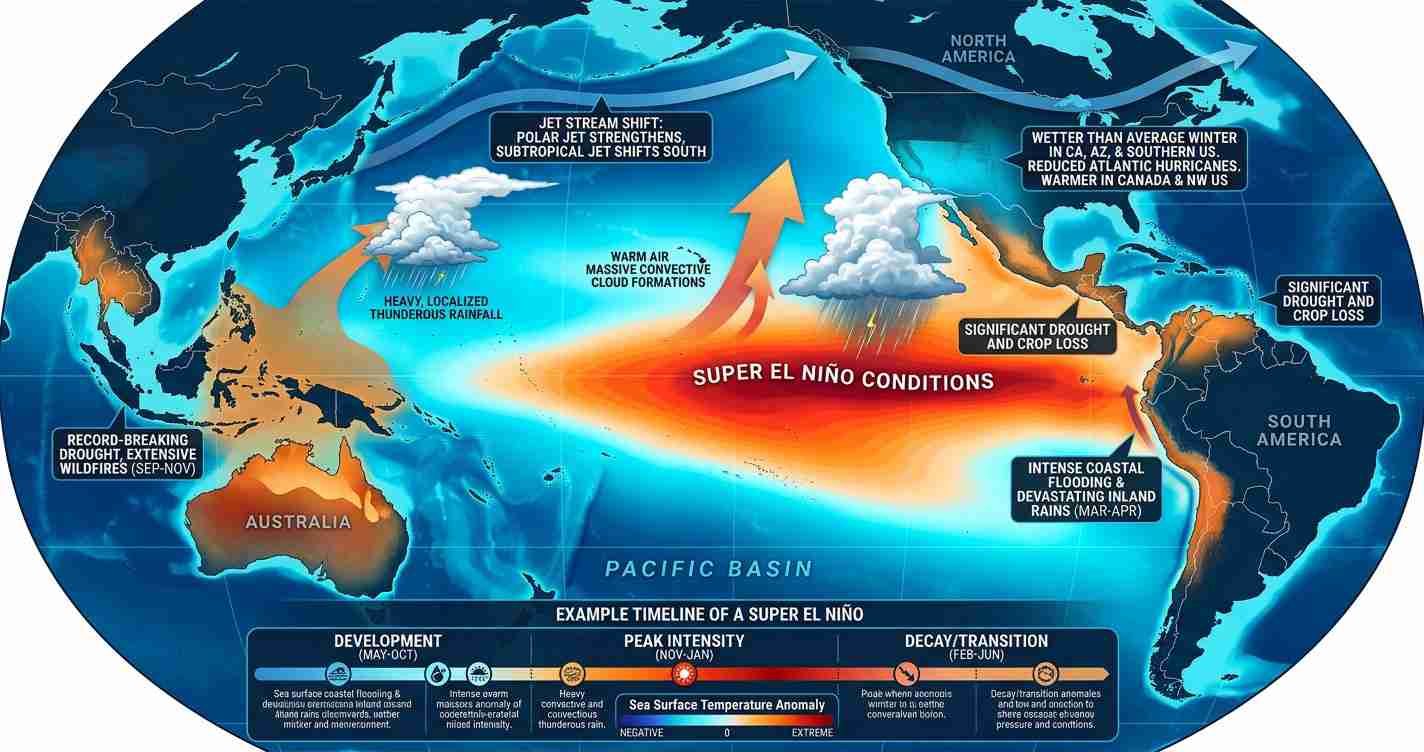 World map infographic illustrating Super El Niño warming across the Pacific and its global weather impacts.