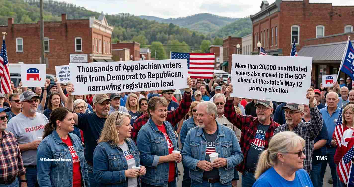Crowd of voters at a street rally holding large signs about Appalachian voters switching from Democrat to Republican ahead of a primary period. Includes American flags and cheerful participants in denim jackets and casual clothing.