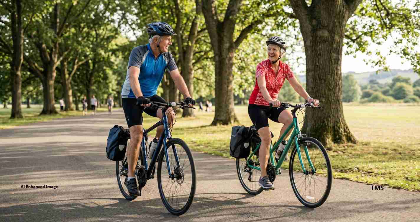 Two adults cycling along a tree-lined park path, wearing helmets with pannier bags on their bikes in a sunny setting,