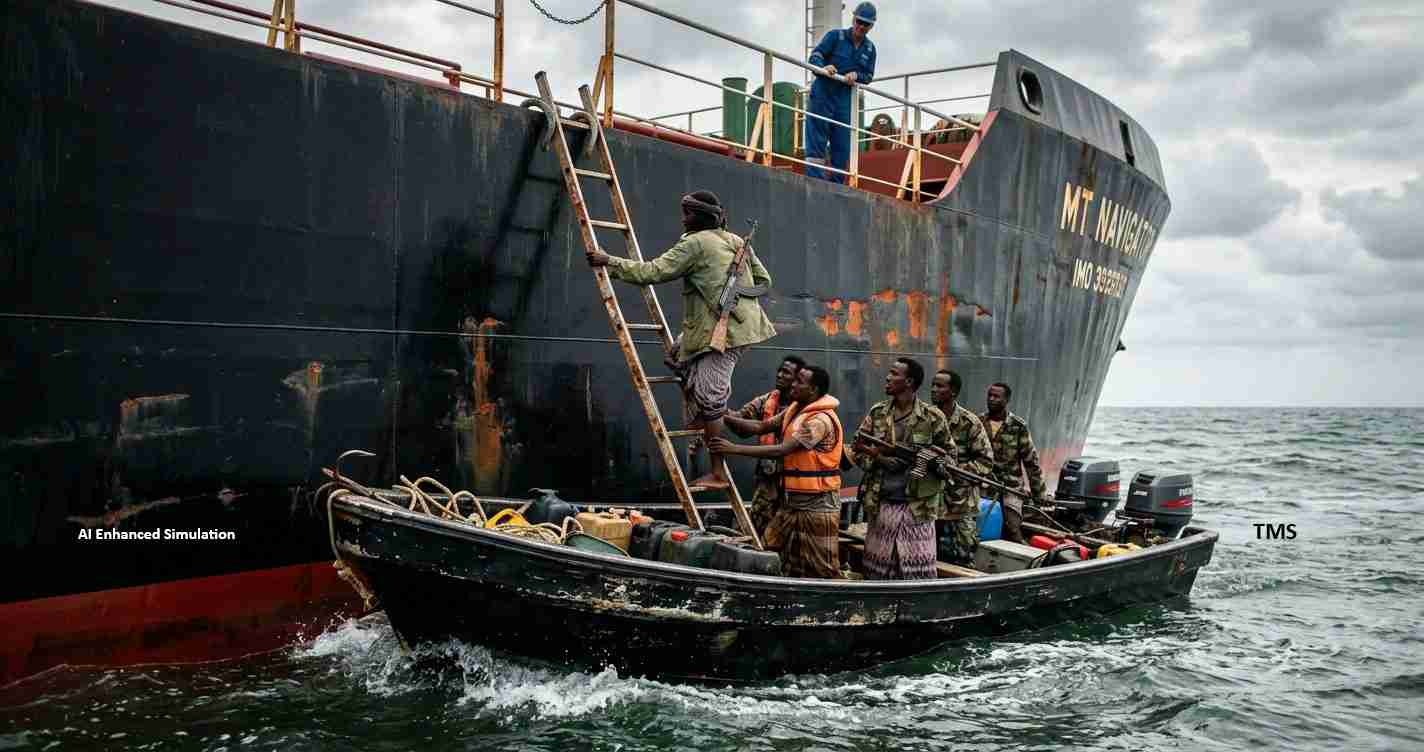 A small boat with several men and a woman approaches a large cargo ship; one man climbs a ladder held by others as crew look on from the deck (rescue scenario).