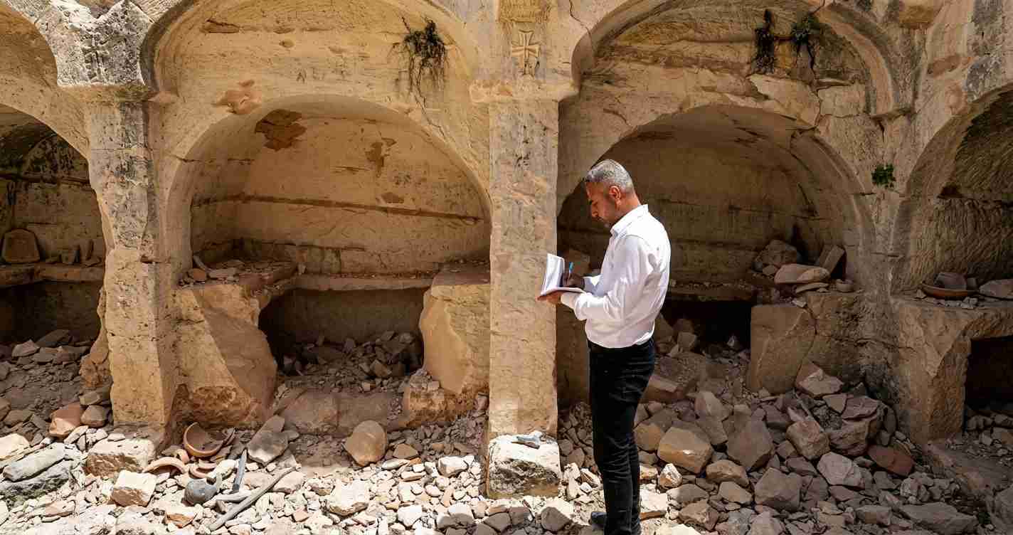 Man in a white shirt writes in a notebook inside a ruined stone building with arched vaults and rubble on the ground, researching the site.