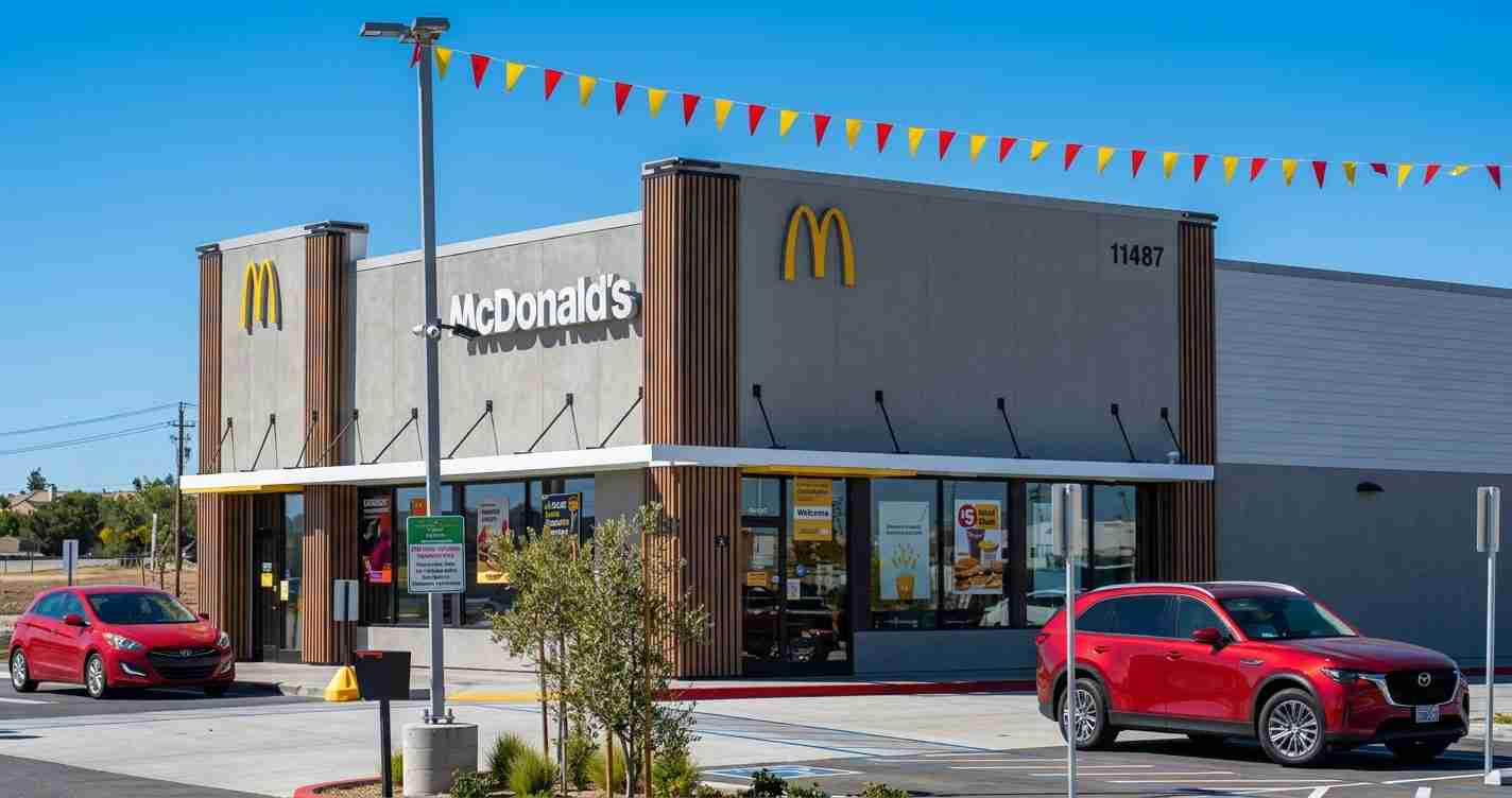 Exterior of a McDonald's with the yellow arches, parked red cars, and colorful pennant flags on a sunny day with a blue sky.