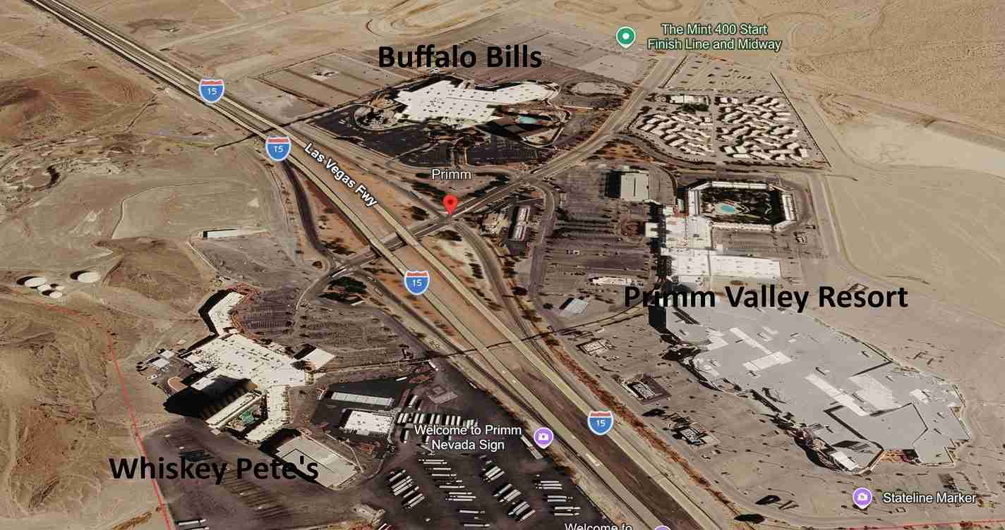 Aerial map of Primm, Nevada showing I-15 with Primm Valley Resort, Buffalo Bills casino, and Whiskey Pete's nearby.
