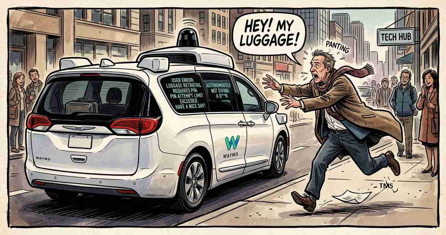 A man runs after a white Waymo self-driving taxi on a city street, yelling 'Hey! My luggage!' as pedestrians watch.