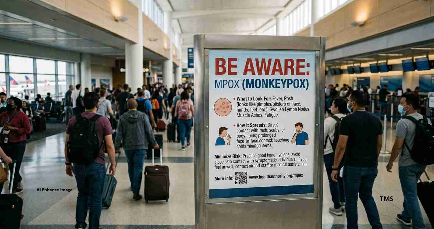 Poster in an airport warning about mpox (monkeypox) with symptoms and prevention tips, surrounded by travelers with luggage in a busy terminal.