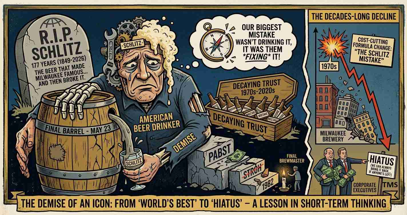 Satirical cartoon about the decline of Schlitz and Milwaukee beer, showing a fatigued drinker leaning on a cracked barrel labeled 'Final Barrel – May 23' as decaying brands and trust crumble nearby