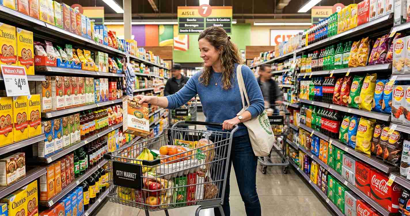 Woman in a blue sweater reaches to grab a granola box from a supermarket shelf while pushing a shopping cart filled with groceries.