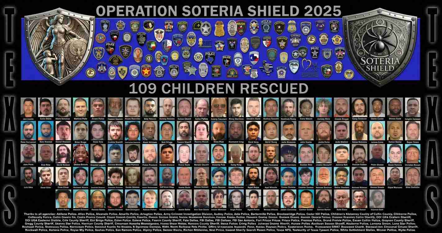 Banner for Operation Soteria Shield 2025 with many police badges and a grid of headshots, noting 109 Children Rescued.