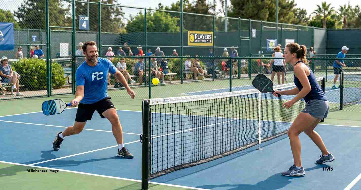 Two players play pickleball on a blue court; man in a blue shirt hits toward a woman near the net, spectators in the background.