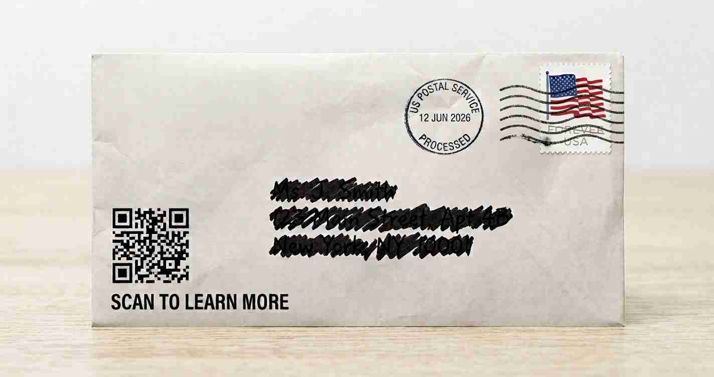 Gray envelope on a wooden surface with a QR code and 'SCAN TO LEARN MORE' text on the left; US stamp and postal mark on the top right.
