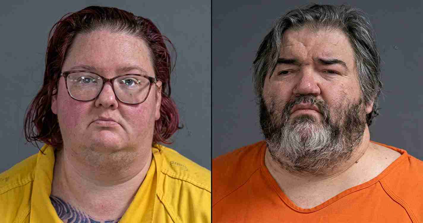 Mugshots: left is a woman with red hair and glasses in a yellow jumpsuit; right is a bearded man in an orange jumpsuit.