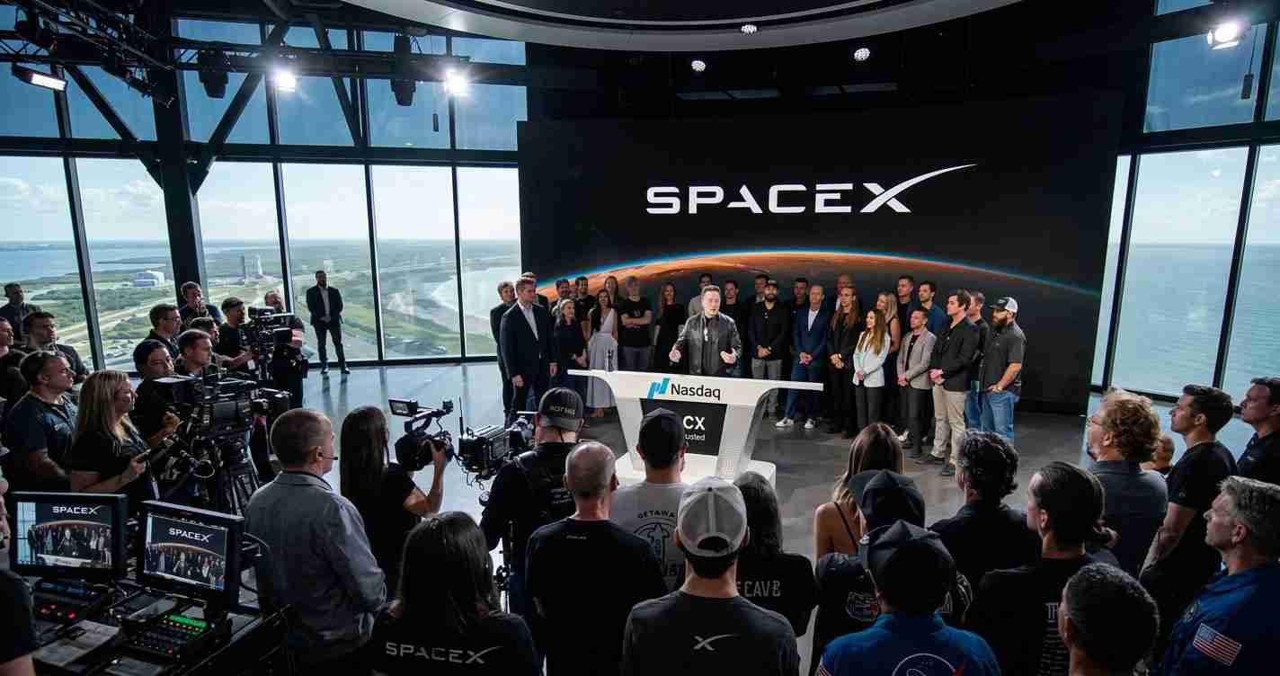 SpaceX press conference at a Nasdaq stage with a speaker at the podium, surrounded by team, cameras, and a large SpaceX backdrop logo behind them in a glass-walled venue by the water.