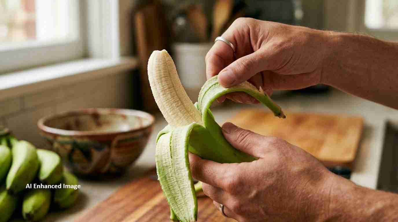 Hands peel a banana on a wooden kitchen counter, with a cutting board nearby and bowls in the background.