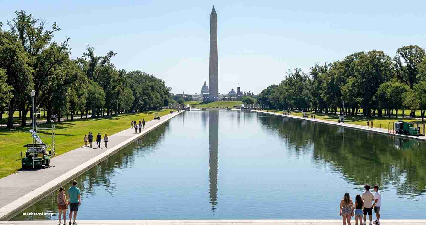 Reflecting Pool with the Washington Monument at the far end; people stroll along both sides on a sunny day.