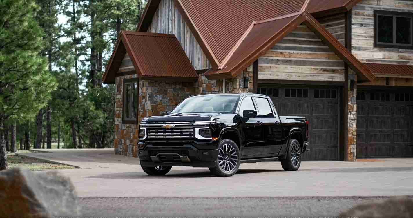 Black crew-cab pickup truck parked in a driveway in front of a rustic stone-and-log house with a red metal roof, surrounded by trees.