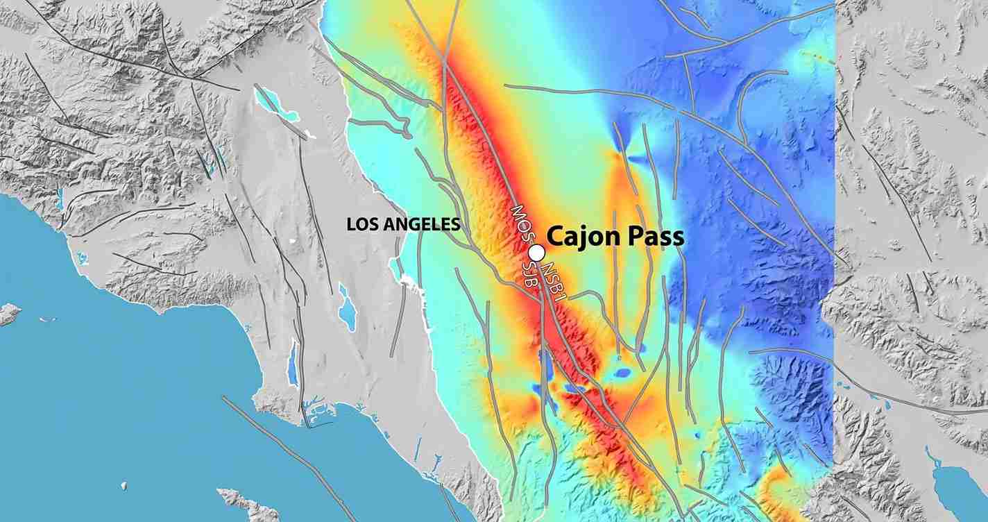 Seismic hazard map of Southern California showing an orange-red band along Cajon Pass near Los Angeles.