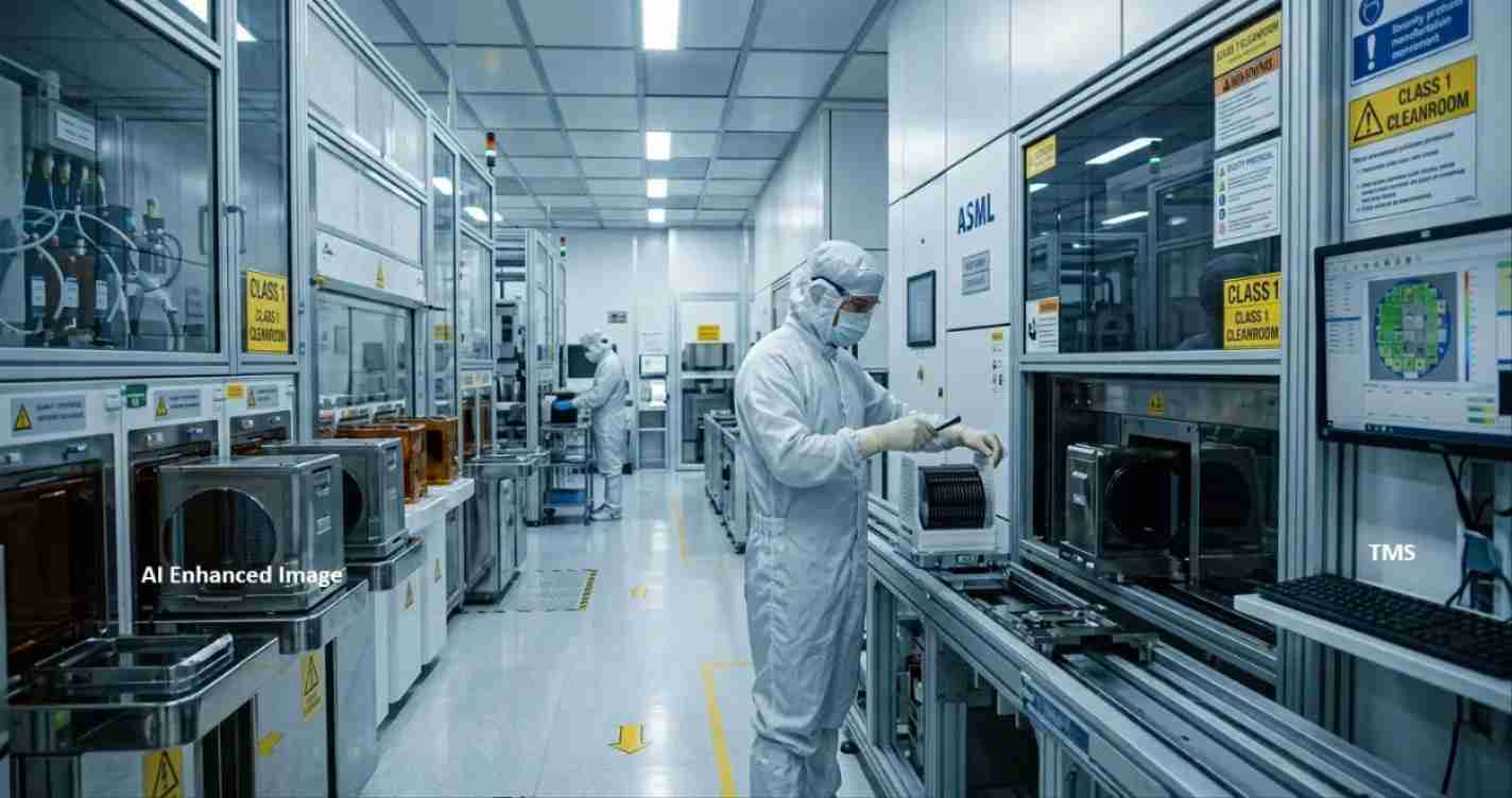 Cleanroom workers in full protective suits operate automated manufacturing equipment in a high-tech lab setting, with monitors and conveyors nearby.