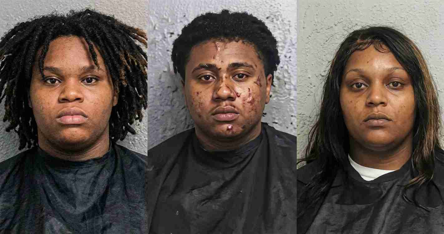 Three mugshots of young adults in dark clothing; the center person has visible facial injuries and swelling, flanked by two uninjured individuals against gray walls.
