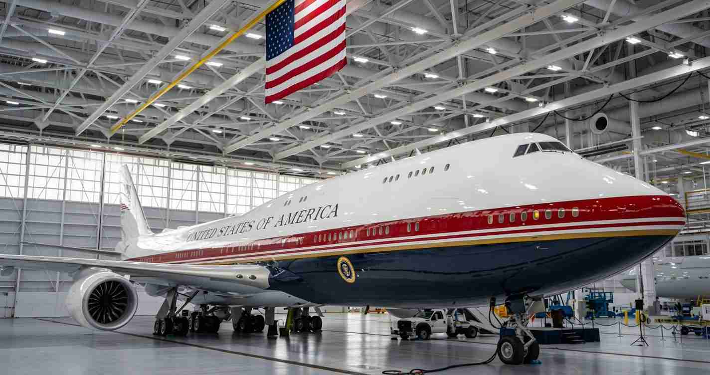 Inside a large aircraft hangar, the U.S. presidential plane Air Force One on the tarmac with an American flag overhead and maintenance equipment nearby