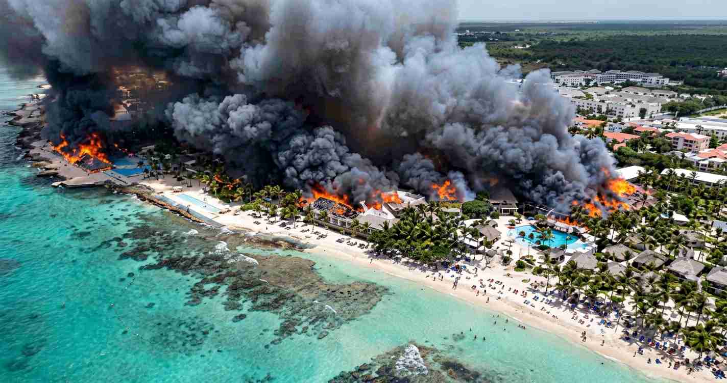Aerial view of a beachfront resort on fire with thick black smoke rising above palm trees and turquoise water nearby.