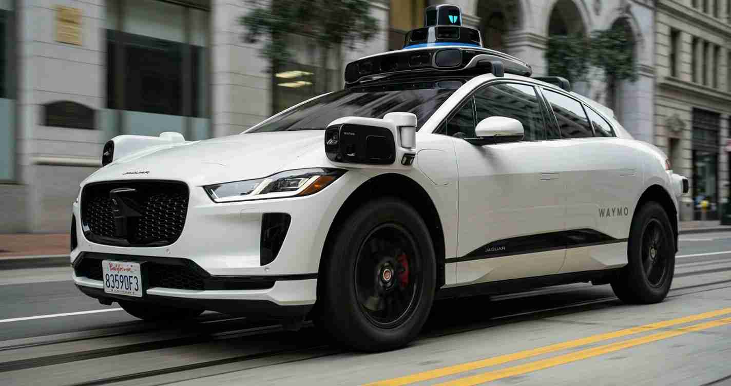 Waymo self-driving car, white Jaguar SUV, with roof sensors driving on a city street; WAYMO branding visible on side.