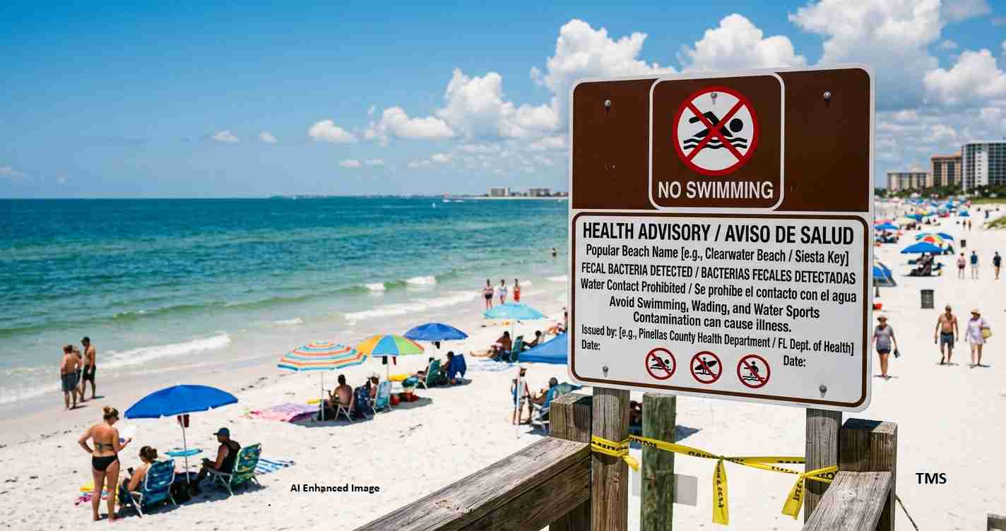 Large 'No Swimming' and Health Advisory sign posted on a wooden railing at a sunny crowded beach with people and umbrellas nearby.