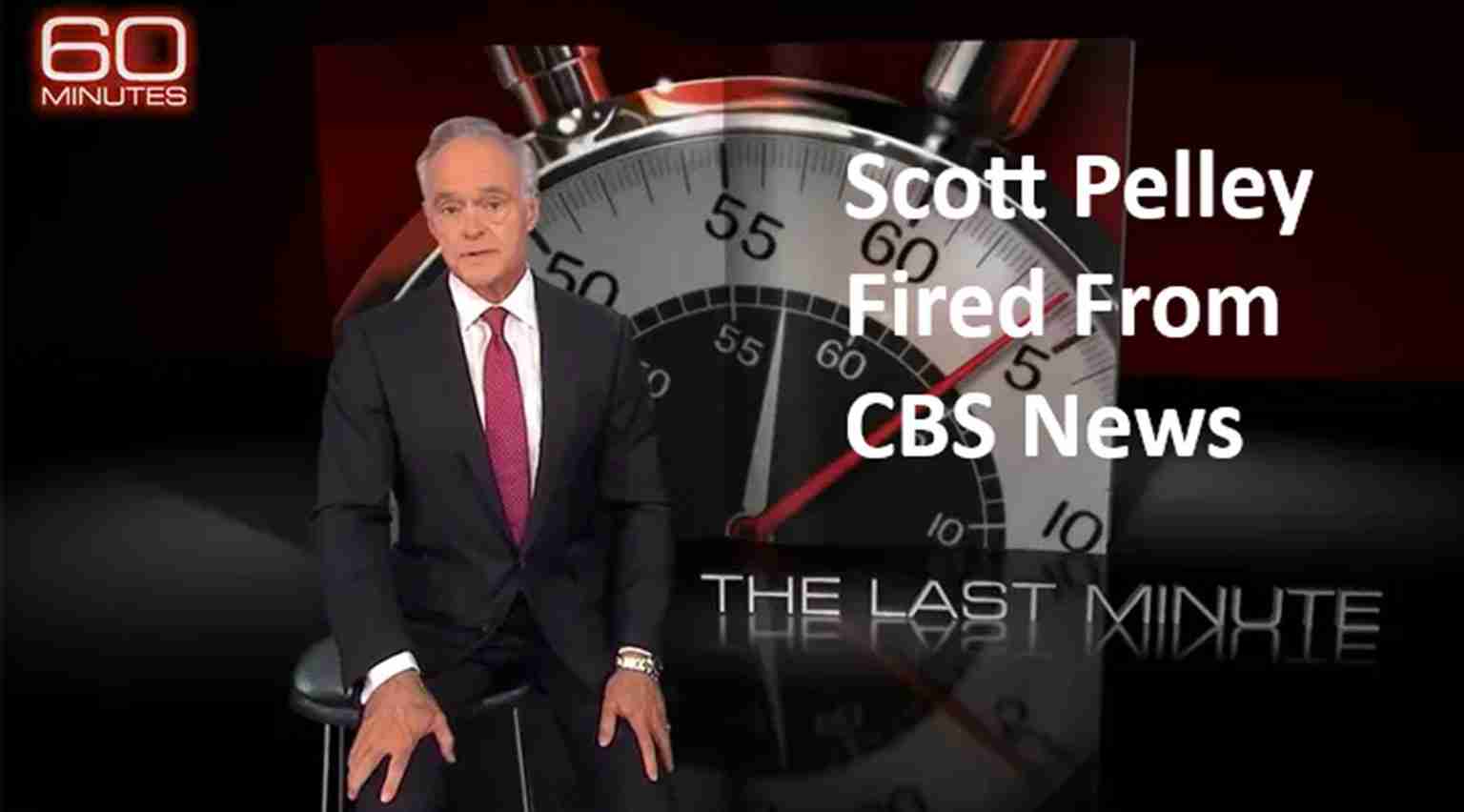 Scott Pelley seated in a studio with a large stopwatch background and the headline “Scott Pelley Fired From CBS News.”