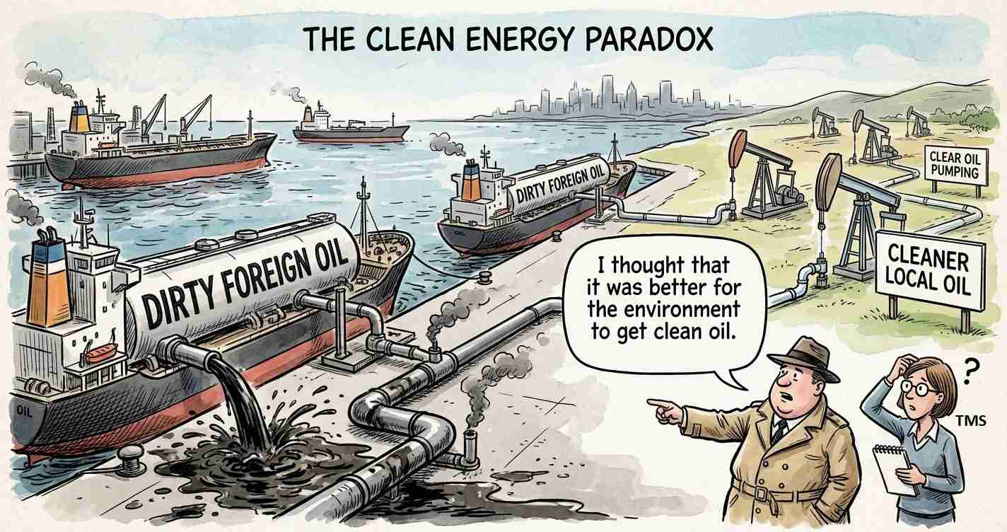 Cartoon: oil tankers labeled 'Dirty Foreign Oil' pump oil, with pipelines and signs about local oil, highlighting the 'clean energy paradox'.