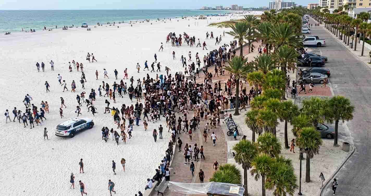 Large crowded beach scene with a police car on the sand near a paved promenade and a line of palm trees along a street behind it.