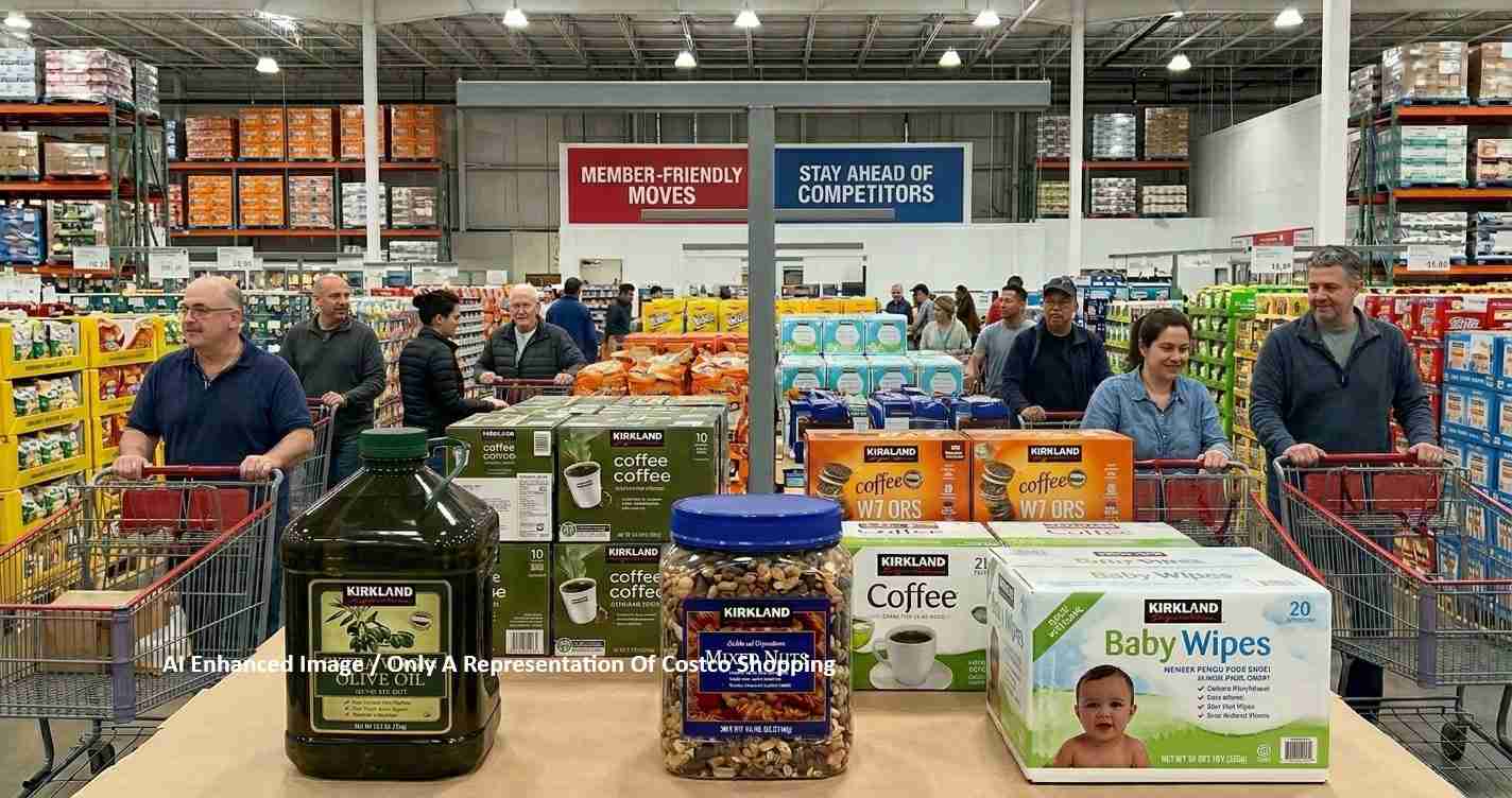 Shoppers push carts through a Costco-style warehouse, with large coffee containers and boxes in the foreground.