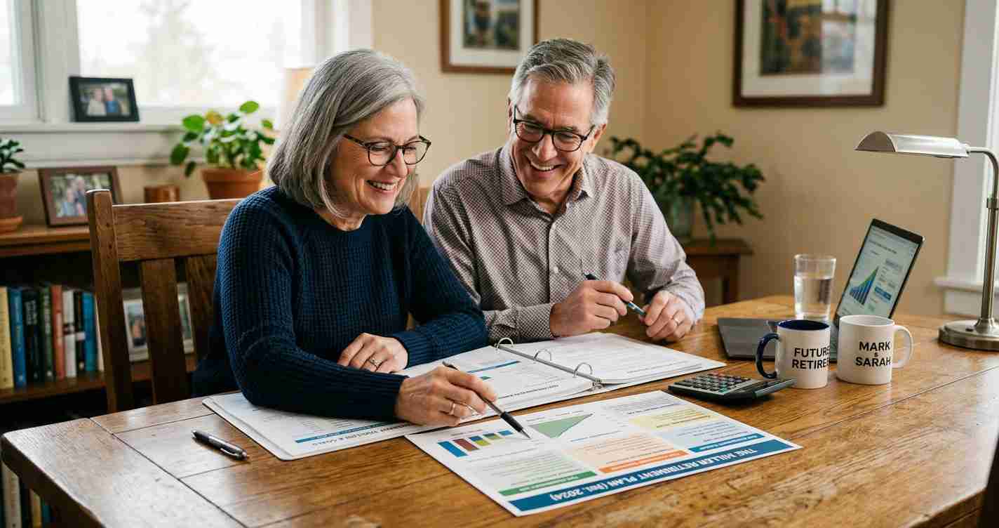 Smiling senior couple review retirement plan documents with charts on a wooden table, laptop and coffee mugs nearby.