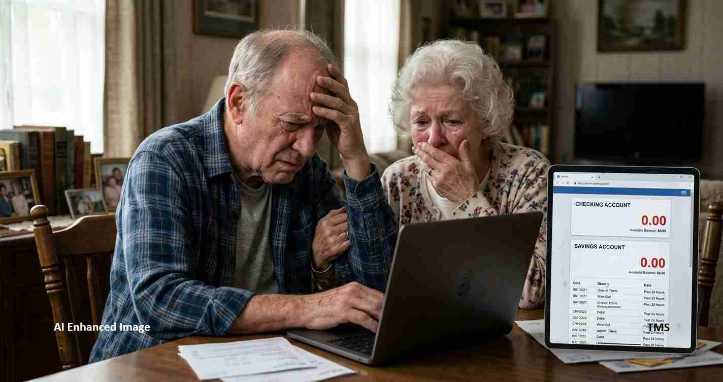 An elderly man and woman sit at a table, distressed while using a laptop; a tablet beside them shows bank accounts with 0.00 balances.