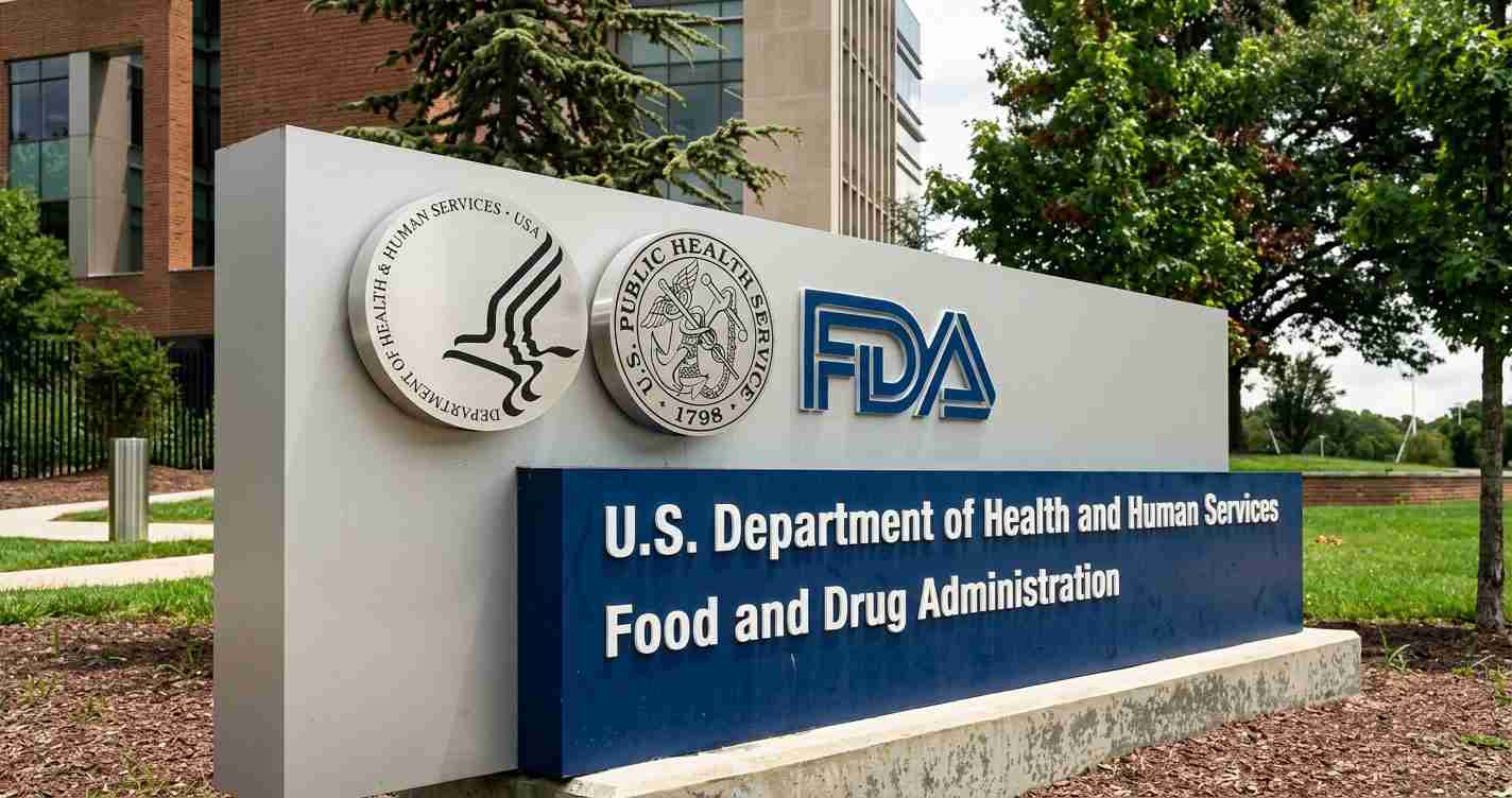 Signboard for U.S. Department of Health and Human Services, FDA, and Food and Drug Administration headquarters with seals and logo, outdoors on a stone base.
