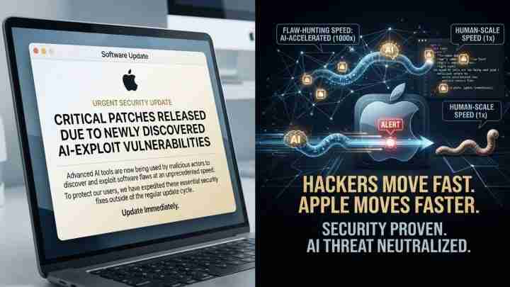 Left: laptop screen shows urgent security update about AI-exploit vulnerabilities; right: dark poster proclaims hackers move fast, Apple moves faster, AI threat neutralized.