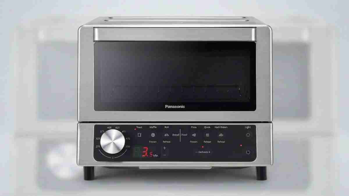 Stainless steel Panasonic toaster oven with a large black glass door on top and a control panel beneath, on a counter.