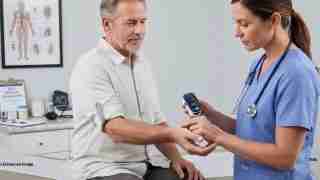 Nurse in blue scrubs uses a handheld monitor while a patient’s left arm is wrapped with a blood pressure cuff in a clinic examination room.