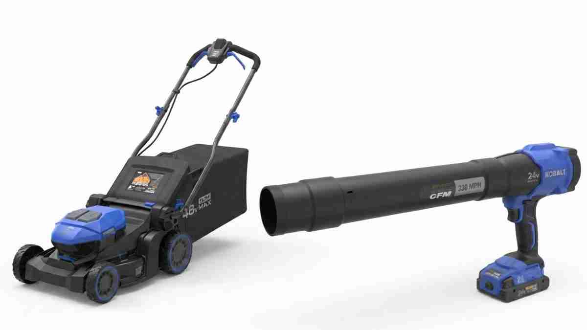 Cordless lawn mower with blue accents connected to a long cordless leaf blower attachment via a tube.