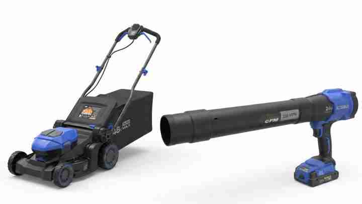 Cordless lawn mower with blue accents connected to a long cordless leaf blower attachment via a tube.