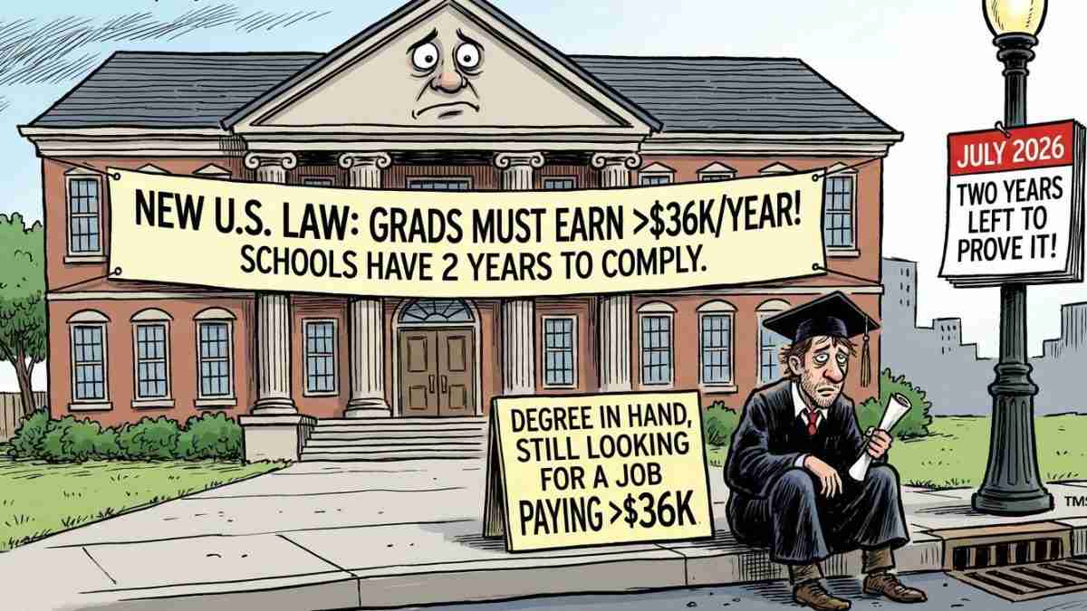 Cartoon showing a sad graduate outside a courthouse-like building with banners about a law requiring grads to earn over $36K and schools to comply; a man in a cap holds a diploma.