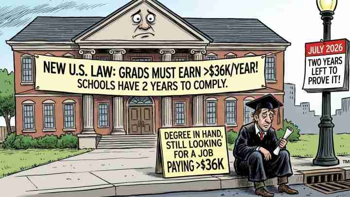 Cartoon showing a sad graduate outside a courthouse-like building with banners about a law requiring grads to earn over $36K and schools to comply; a man in a cap holds a diploma.