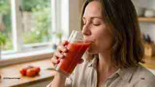 Woman drinking a glass of tomato juice in a bright kitchen by a window.