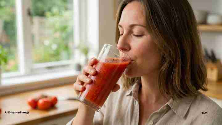 Woman drinking a glass of tomato juice in a bright kitchen by a window.