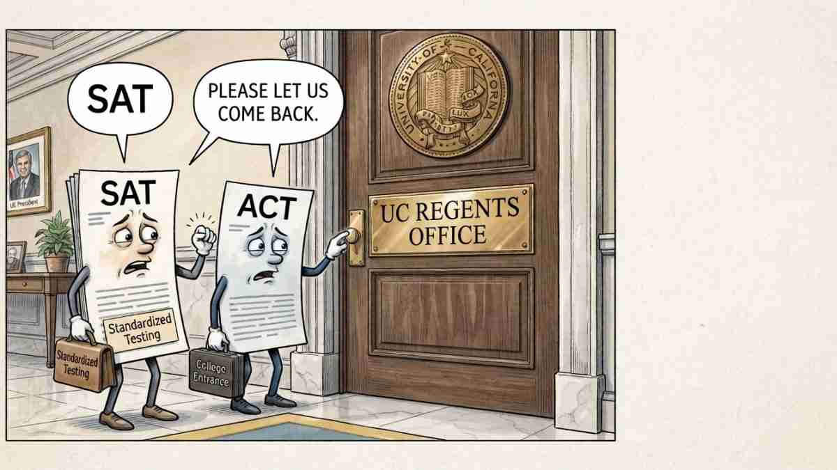 Cartoon of a sad SAT and a sad ACT outside the UC Regents' Office, carrying briefcases labeled 'Standardized Testing' and 'College Entrance'.