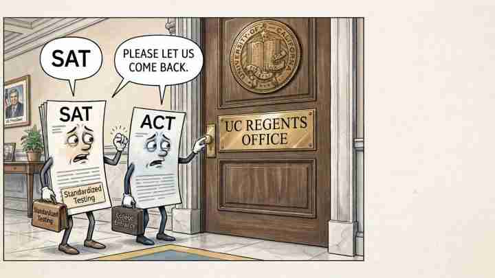 Cartoon of a sad SAT and a sad ACT outside the UC Regents' Office, carrying briefcases labeled 'Standardized Testing' and 'College Entrance'.