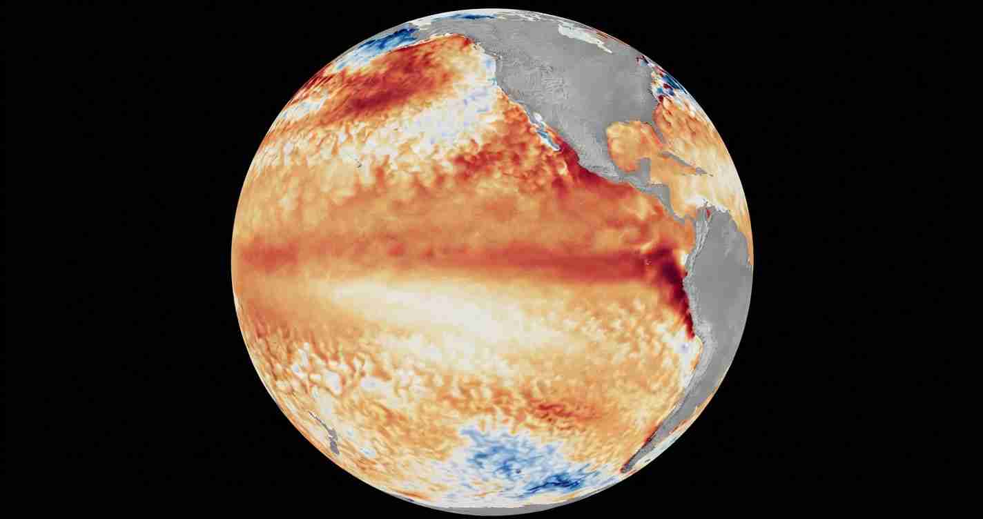 False-color satellite image of Earth highlighting global sea-surface temperatures in orange and red.