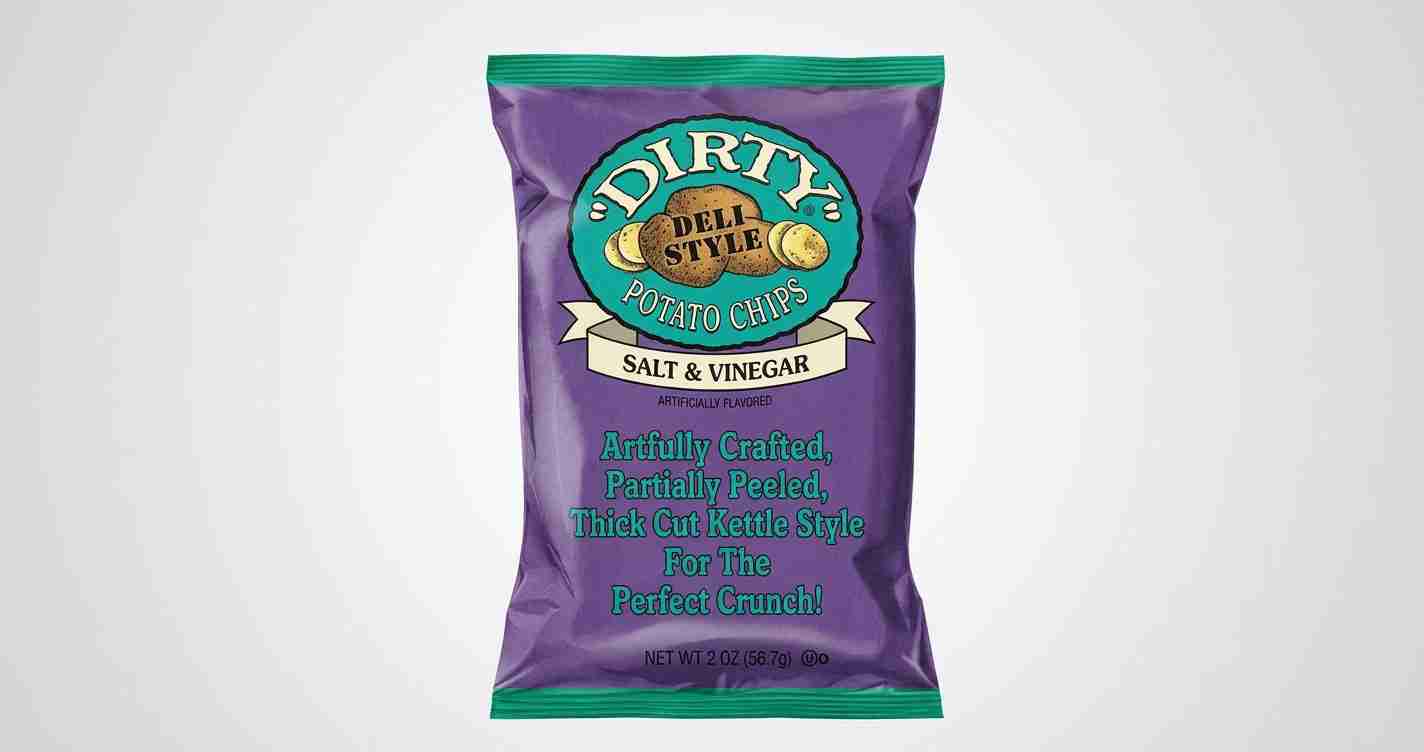 Purple bag of Dirty Dill Style Salt & Vinegar potato chips on a neutral background.